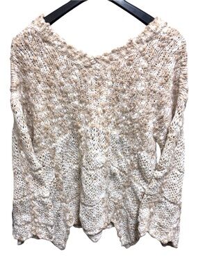 Bad Little Country Girl Tina Tan/Cream Open-Knit V-Neck Sweater w/Flared Sleeves